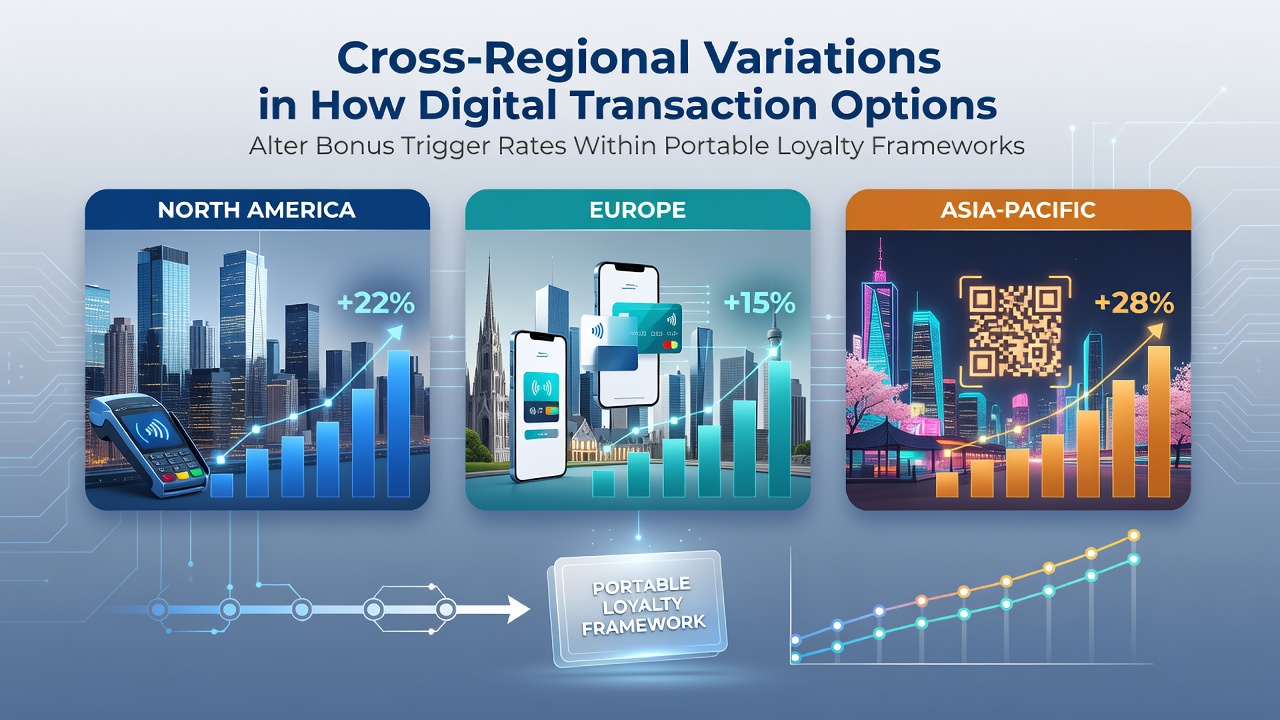 Digital transaction interfaces displaying loyalty bonus triggers across mobile devices in different global regions