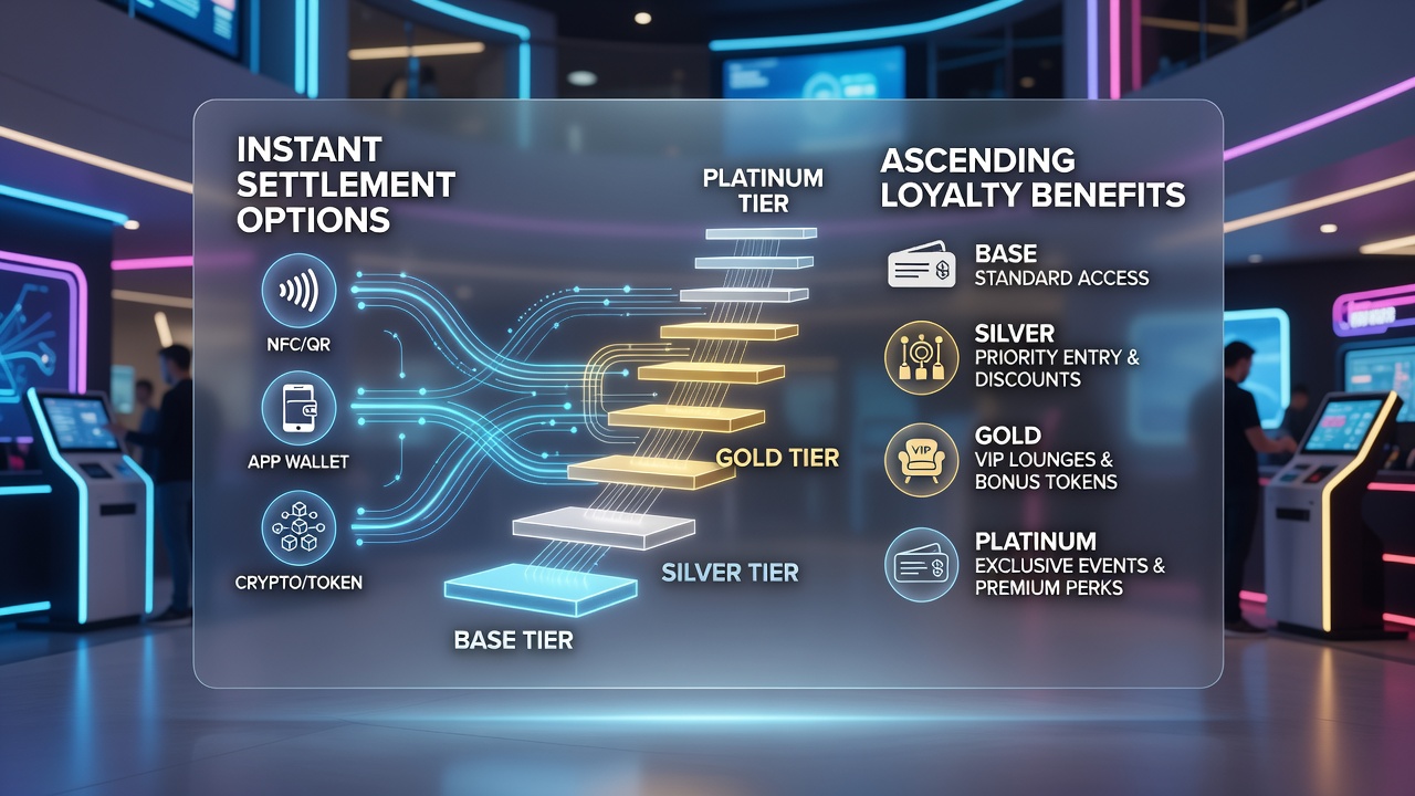 Mobile app interface showing instant settlement confirmation alongside loyalty tier progression in an entertainment venue platform