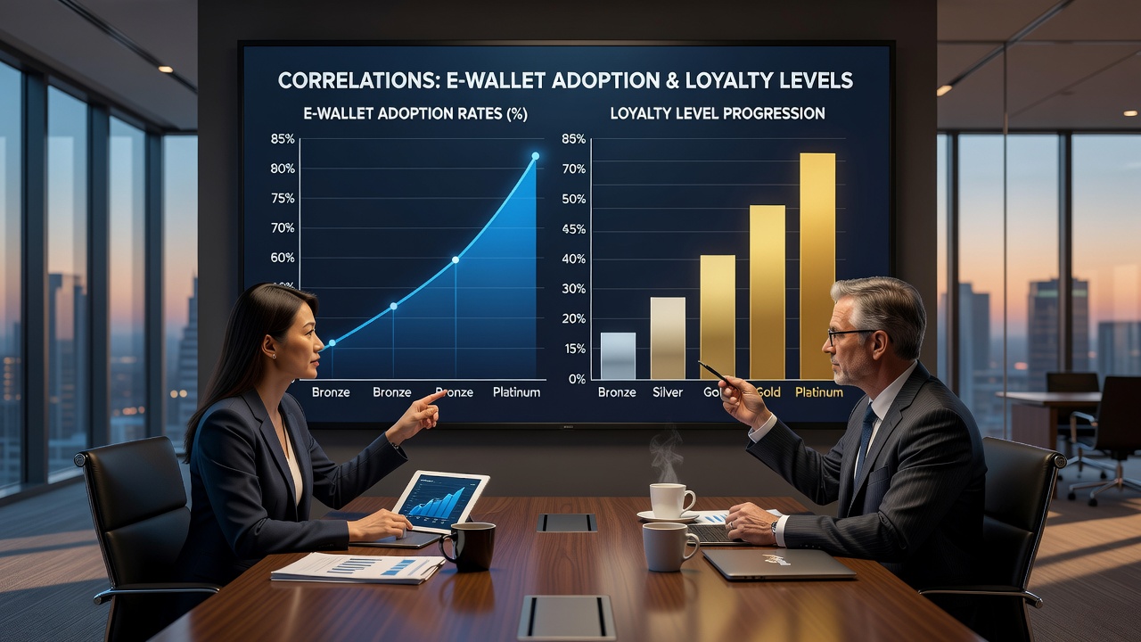 Analytics dashboard showing e-wallet adoption statistics alongside casino loyalty tier distribution on mobile platforms