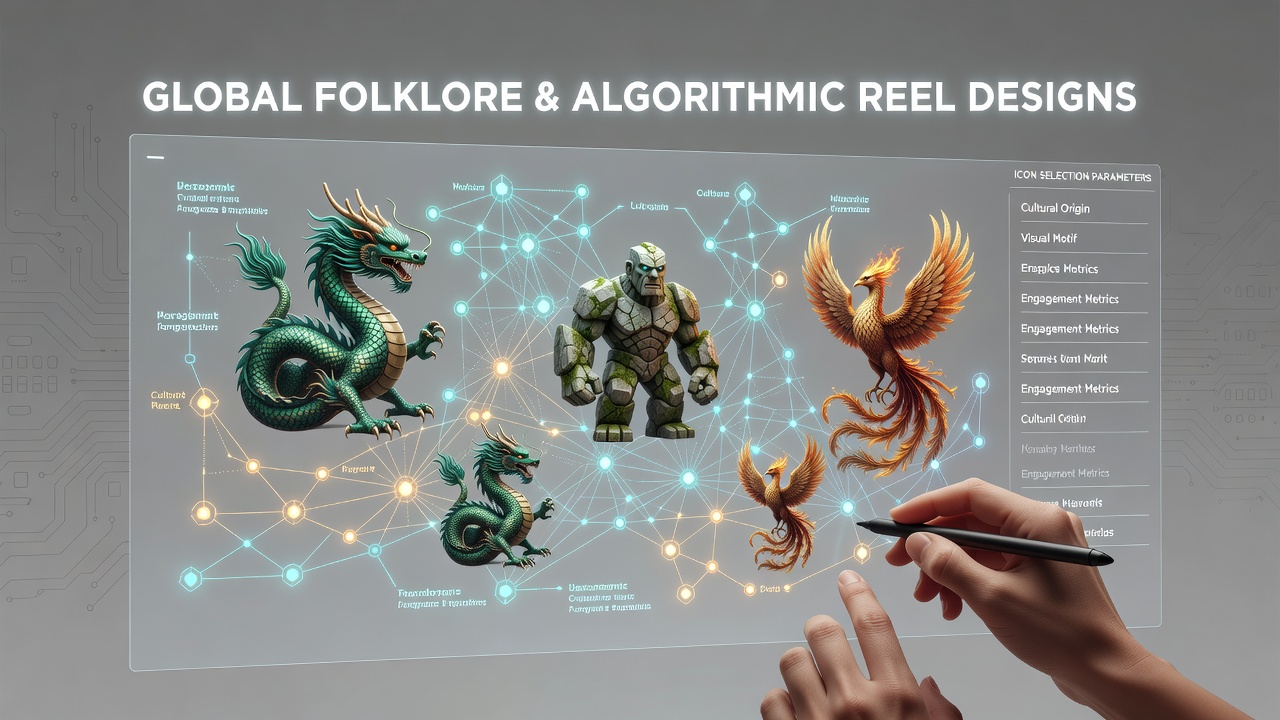Algorithmic reel interface displaying folklore-inspired symbols from multiple cultures including dragons, runes, and ancient motifs