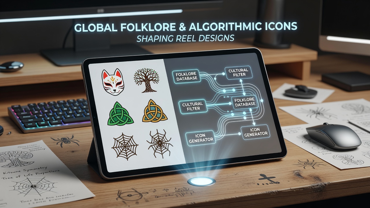 Close-up of digital reel showing algorithm-selected folklore icons including serpents, runes, and celestial symbols in motion
