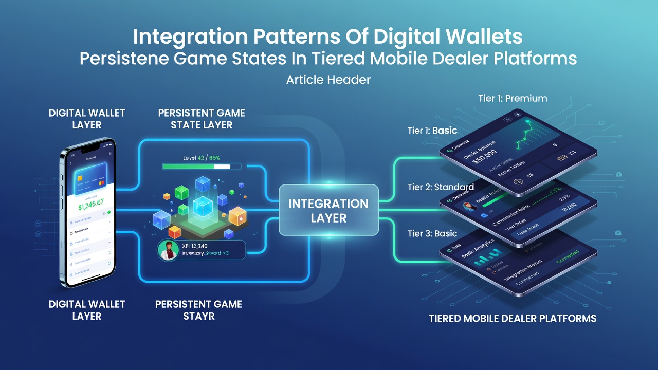 Mobile dealer platform showing digital wallet connection to persistent game state dashboard