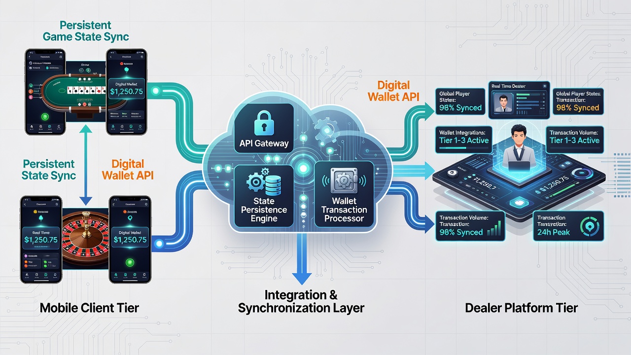 Persistent game state synchronization across tiered mobile dealer interfaces