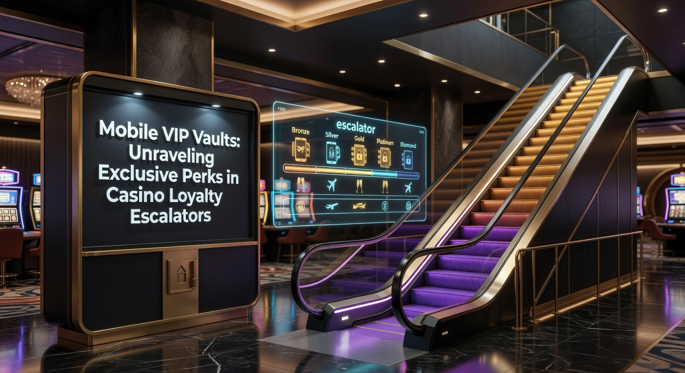 Sleek mobile app screen displaying tiered VIP loyalty vaults with glowing perks and rewards icons